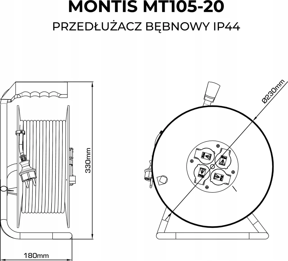Montis PROFESSIONAL MT105-20 prailginimo laido ritė 4x2p+Z IP44 16A 3680W 3x1.5 20m juoda