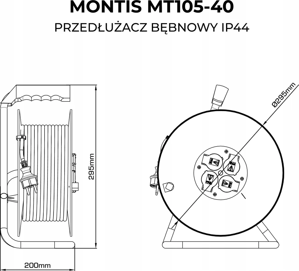 Montis PROFESSIONAL MT105-40 prailginimo laido ritė 4x2p+Z IP44 16A 3680W 3x1.5 40m juoda