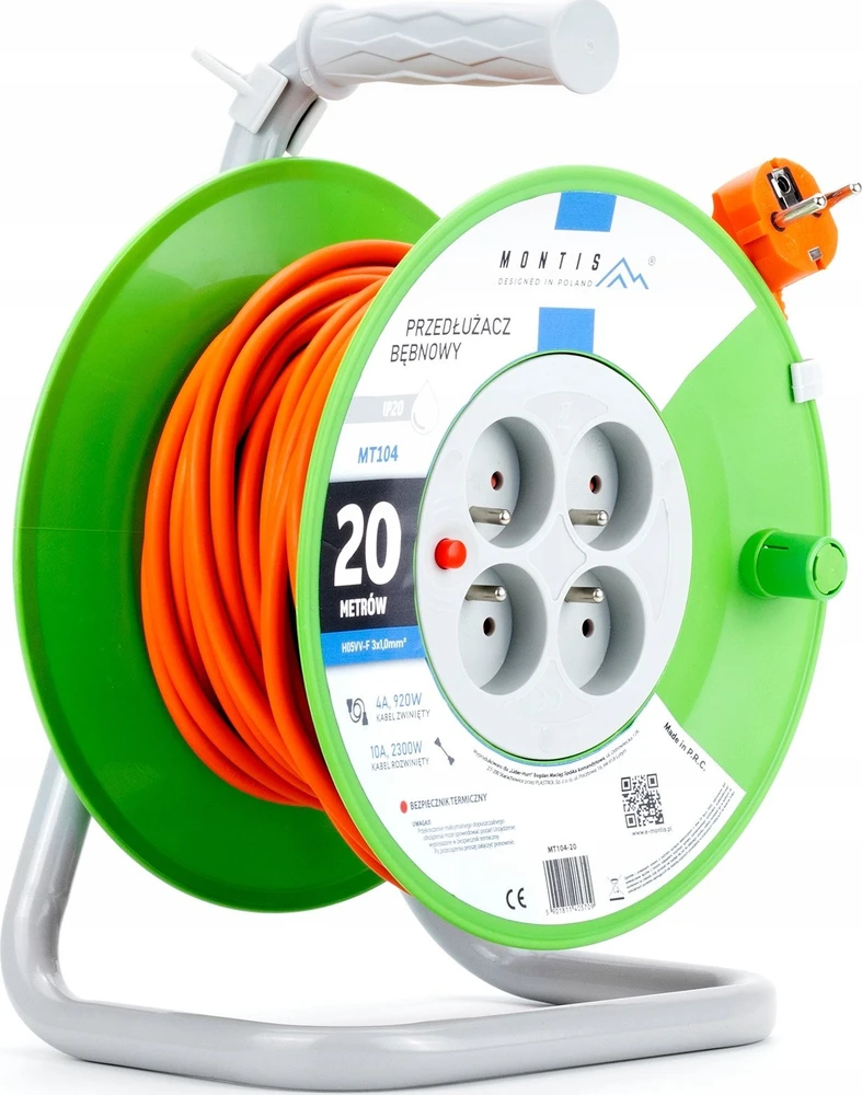 Montis ilgintuvo ritė MT104-20 4x2p+Z 10A 2300W 3x1 20m oranžinė