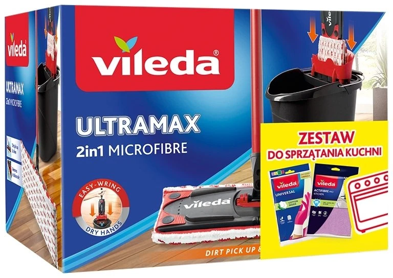 Vileda Ultramax plokščias šluostės laikiklis su virtuvės rinkiniu | 1 pora universalių pirštinių + 1 Actifibre Pro virtuvinė šluostė