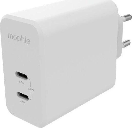 mophie sieninis adapteris USB-C PD DUAL 67W GAN EU (2xUSBC) Baltas