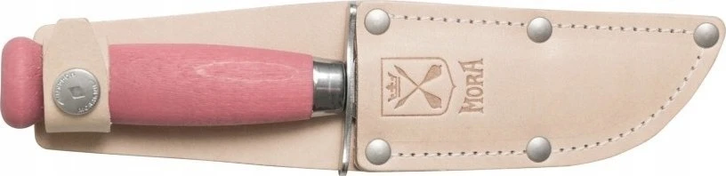 Vaikiškas peilis Morakniv Scout 39 Safe, odinis dėklas, dviguba pirštų apsauga, spalva bordinė