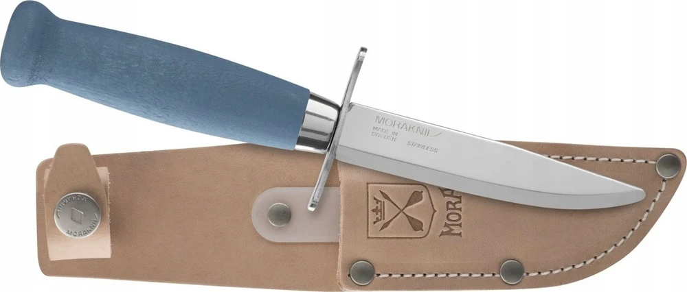 Vaikiškas peilis Morakniv Scout 39 Safe, odinis dėklas, dviguba pirštų apsauga, spalva bordinė
