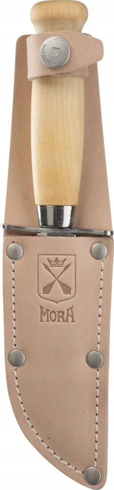 Vaikiškas peilis Morakniv Scout 39 Safe, odinis dėklas, dviguba pirštų apsauga, spalva bordinė