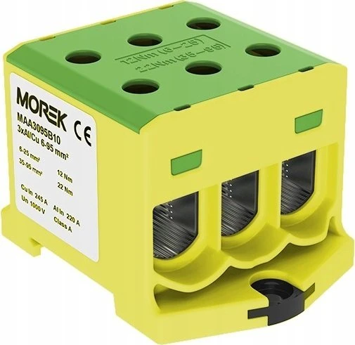 MOREK AL CU srieginio bėgio jungtis 6-95mm2 TS 35 1 takelis 6 gnybtų angos OTL95-3 geltonai žalia MAA3095Y10 89827009