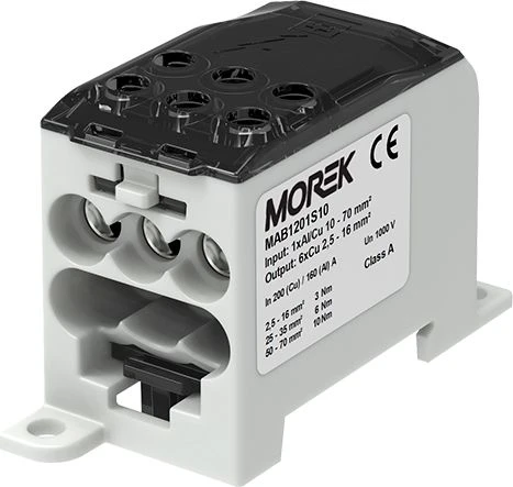 Morek MAB1201S10 Paskirstymo blokas OJL200A juodas įėjimas: 1xAl/Cu 10-70mm2 išėjimas: 6xCu 2.5- 16mm2 MAB1201S10