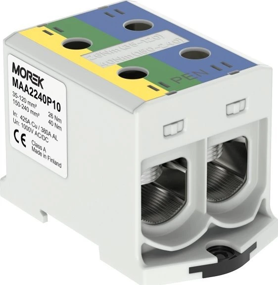 MOREK OTL-PEN240 jungtis geltonai žalia, mėlyna 2xAl/Cu 35-240mm² 1000V Universalus spaustukas skirtas TN-C-S MAA2240P10 instaliacijai