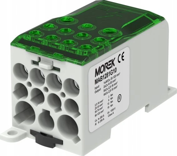 MOREK Paskirstymo blokas OJL280A žalias įėjimas: 1xAl/Cu 35-120 išėjimas: 2x6-35mm2/5x2,5-16mm2/ 4x2,5-10mm2 1000V MAB1281G10