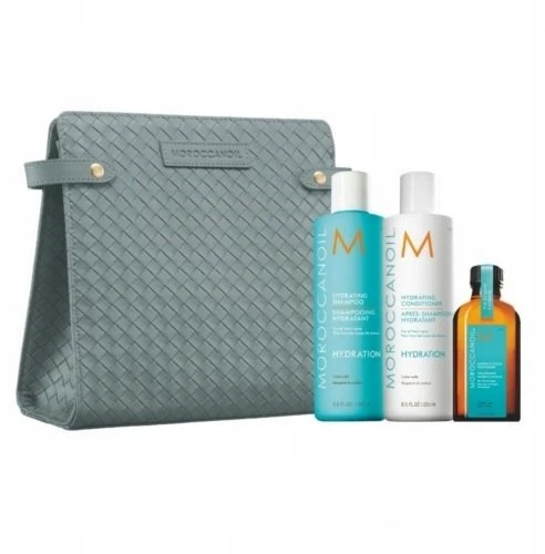 Rinkinys Moroccanoil: drėkinamasis plaukų kondicionierius be parabenų, suteikiantis blizgesio, 250 ml + drėkinamasis plaukų šampūnas be parabenų, suteikiantis blizgesio, 250 ml + Moroccanoil plaukų aliejus, suteikiantis gyvybingumą ir stiprumą, 50 ml