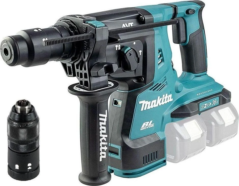 Makita perforatorius DHR281Z, SDS-PLUS, 2x18V, 2.9J + papildomas beraktis griebtuvas, be akumuliatoriaus ir kroviklio