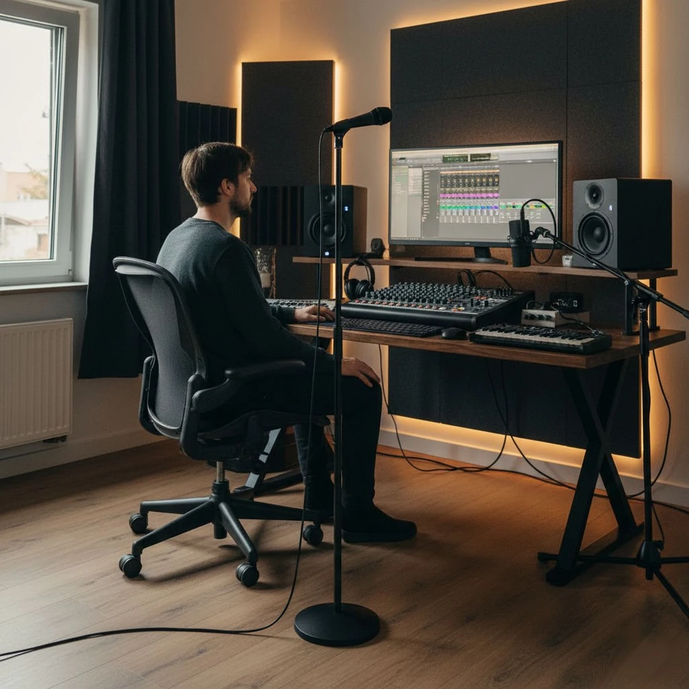 „Mozos SM808“ ant grindų pastatomas studijinis mikrofono stovas