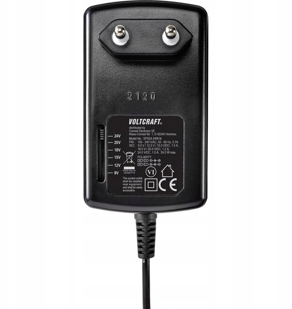 Maitinimo šaltinis MPL Power Maitinimo šaltinis wtyczkowy, regulowany VOLTCRAFT SPS24-24W-N 1.5 A 24 W 2267124