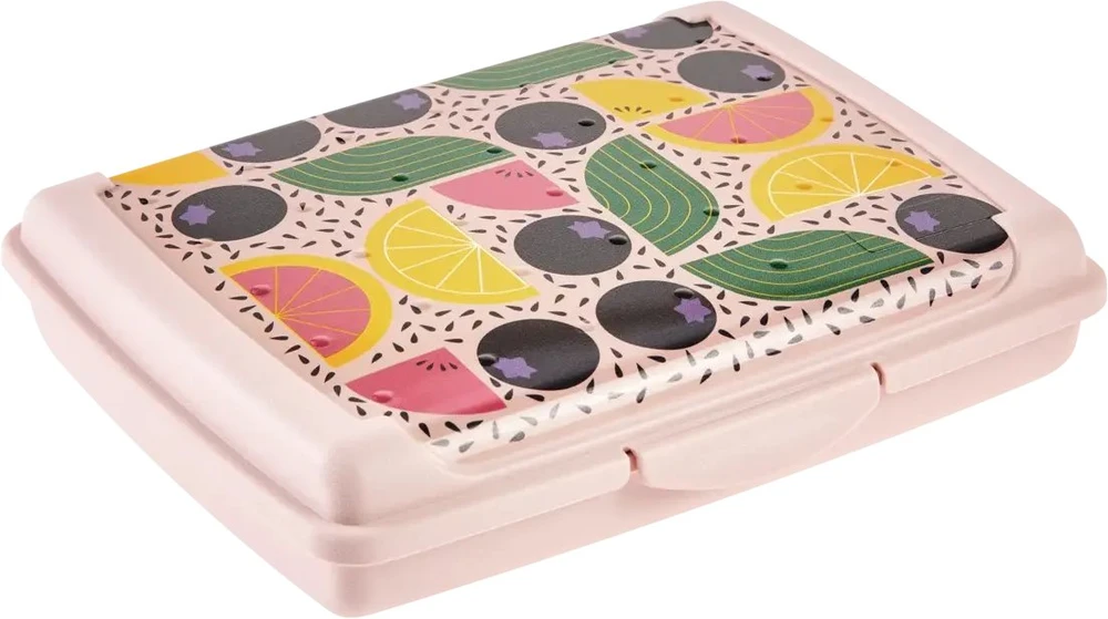 Mpl Power Keeeper maisto laikymo indelis su dekoratyvine spragtelėjimo formos dėžute, mini, 0,5 l, Carla „Vaisiai“, 17 x 13 x 3,5 cm, rožinis