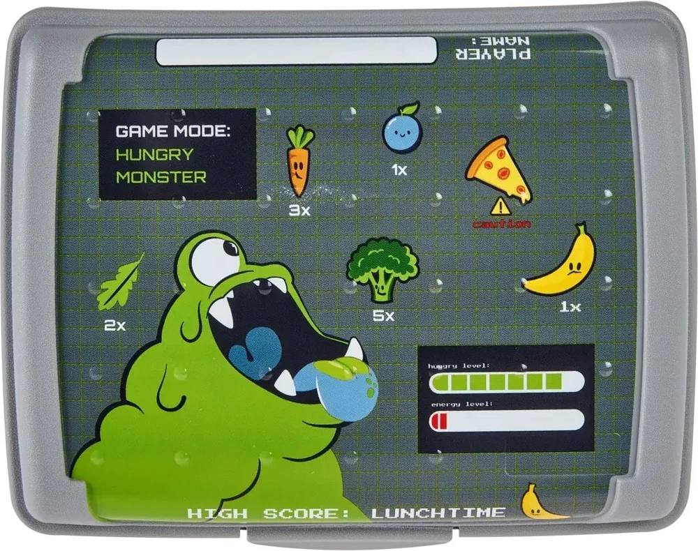 Mpl Power Keeeper maisto laikymo indelis su dekoratyvine spragtelėjimo formos dėžute, mini, 0,5 l, Carla „Monster“, 17 x 13 x 3,5 cm, pilka