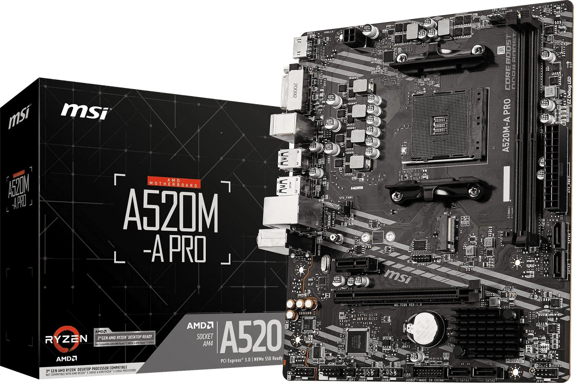 Pagrindinė plokštė MSI A520M-A PRO AM4 DDR4 1x M.2 4x SATA HDMI DVI-D M-ATX