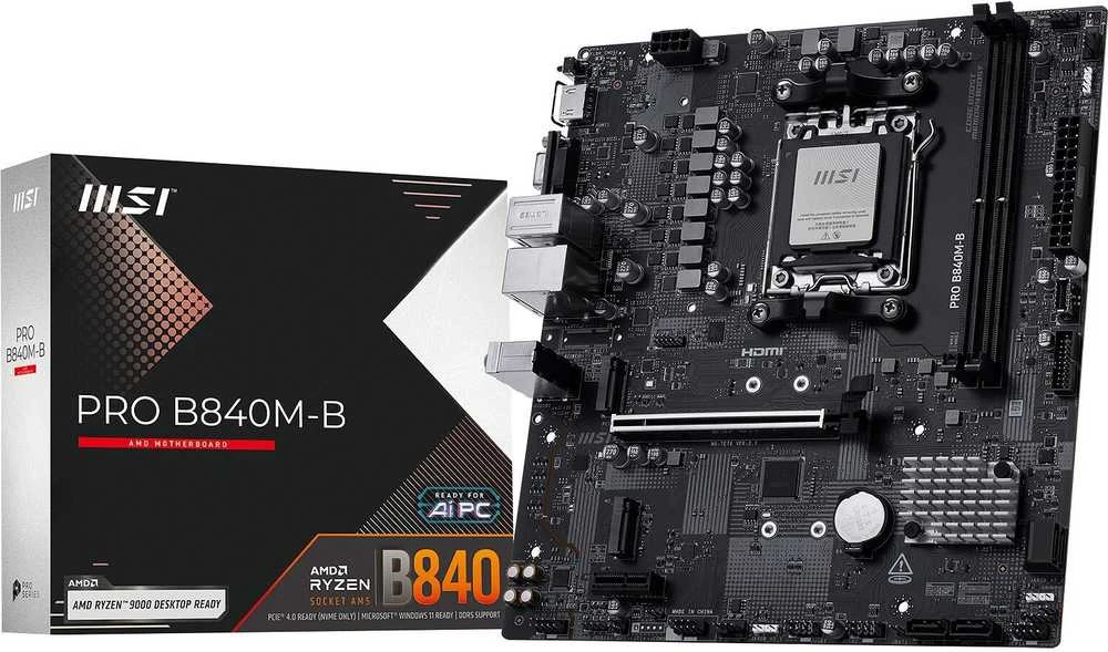 Pagrindinė plokštė MSI PRO B840M-B | Procesorių šeima AMD | Procesoriaus lizdas AM5 | DDR5 | Palaikomos standžiojo disko sąsajos SATA, M.2 | SATA jungčių skaičius 4
