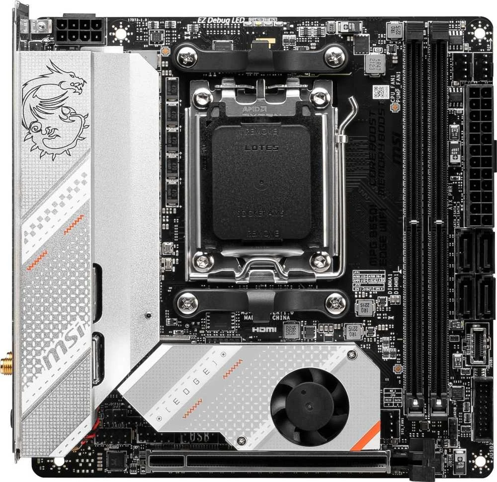 Pagrindinė plokštė MSI | MPG B650I EDGE WIFI | Procesorių šeima AMD | Procesoriaus lizdas AM5 | DDR5 DIMM | Atminties lizdai 2 | Palaikomos standžiojo disko sąsajos SATA, M.2 | SATA jungčių skaičius 4 | Lustų rinkinys AMD B650 | Mini-ITX