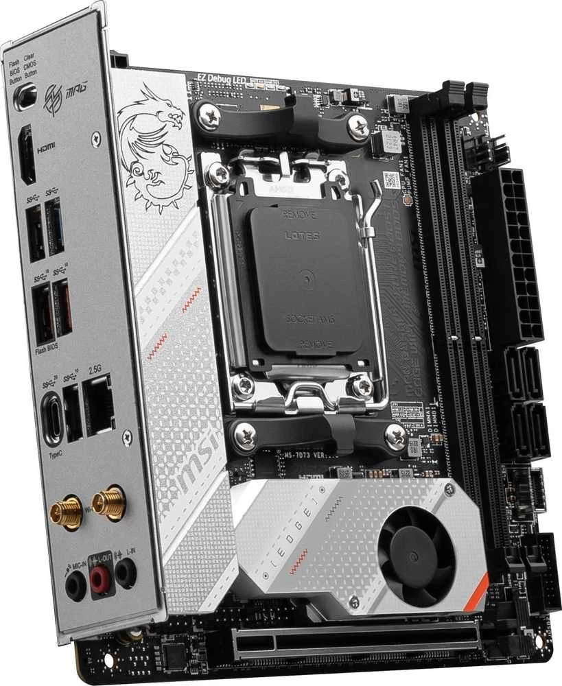 Pagrindinė plokštė MSI | MPG B650I EDGE WIFI | Procesorių šeima AMD | Procesoriaus lizdas AM5 | DDR5 DIMM | Atminties lizdai 2 | Palaikomos standžiojo disko sąsajos SATA, M.2 | SATA jungčių skaičius 4 | Lustų rinkinys AMD B650 | Mini-ITX