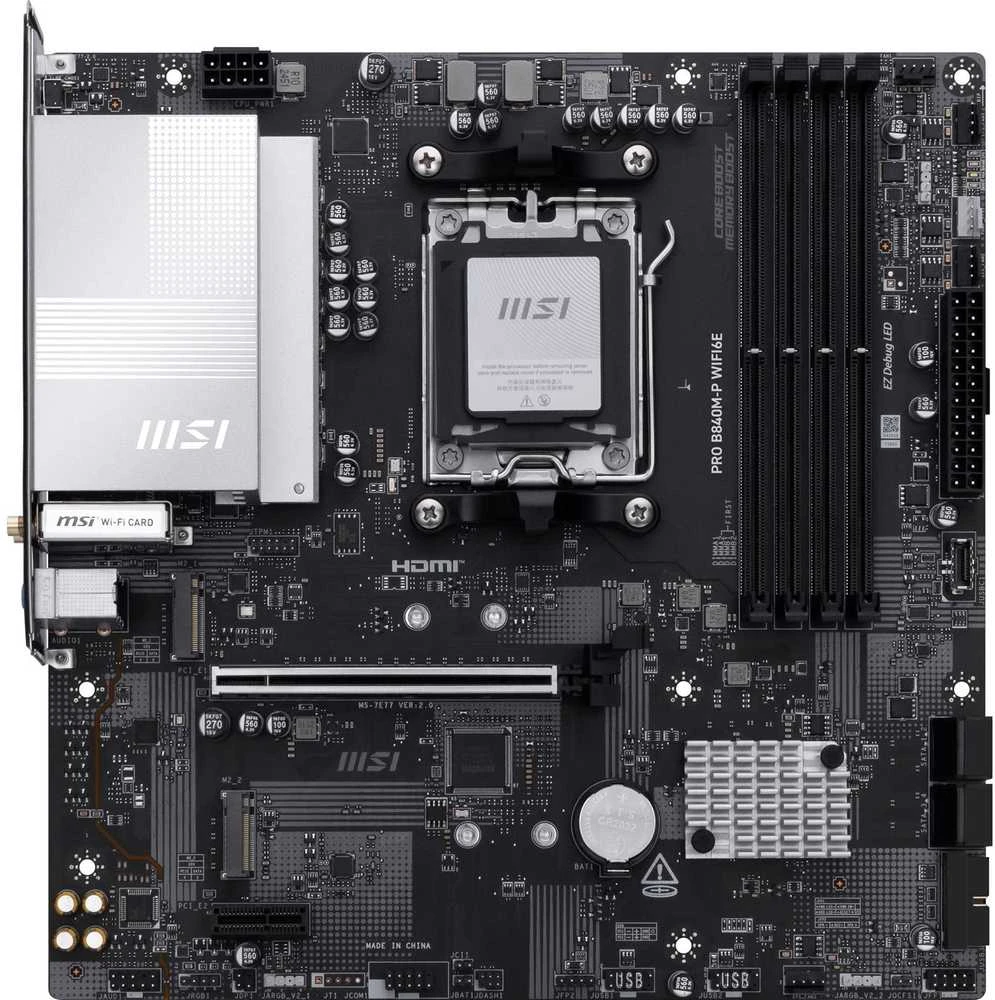 Pagrindinė plokštė MSI PRO B840M-P WIFI6E | Procesorių šeima AMD | Procesoriaus lizdas AM5 | DDR5 | Palaikomos kietojo disko sąsajos SATA, M.2 | SATA jungčių skaičius 4 | ATNAUJINTOS ORIGINALIOS PAKUOTĖS IR PRIEDAI, PRIDEDAMA GALINĖ SKYDELIO DALIS