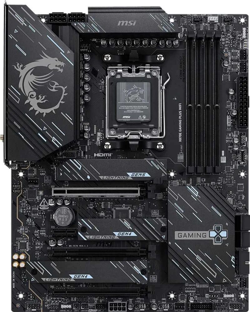 Pagrindinė plokštė MSI X870E GAMING PLUS WIFI | Procesorių šeima AMD | Procesoriaus lizdas AM5 | DDR5 UDIMM | Palaikomos standžiojo disko sąsajos SATA, M.2 | SATA jungčių skaičius 4