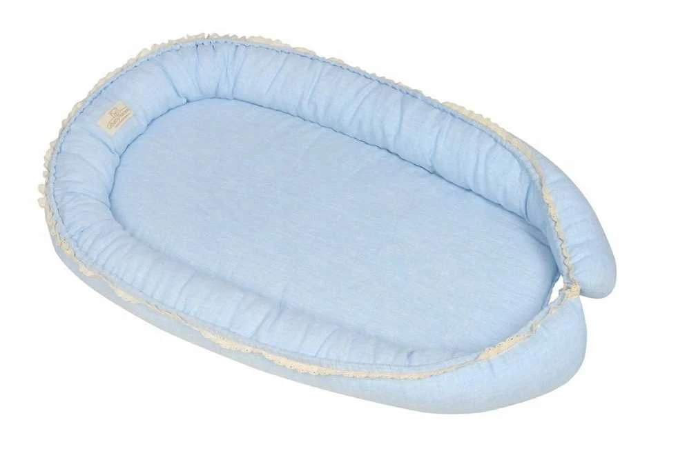 Multitex Kūdikio lizdelis, lininis pozicionavimo čiužinys, 55x80 cm, šviesiai mėlynas, kūdikiams 0-8 mėn., nešiojamas miego kokonas, minkštas guolis kūdikiui