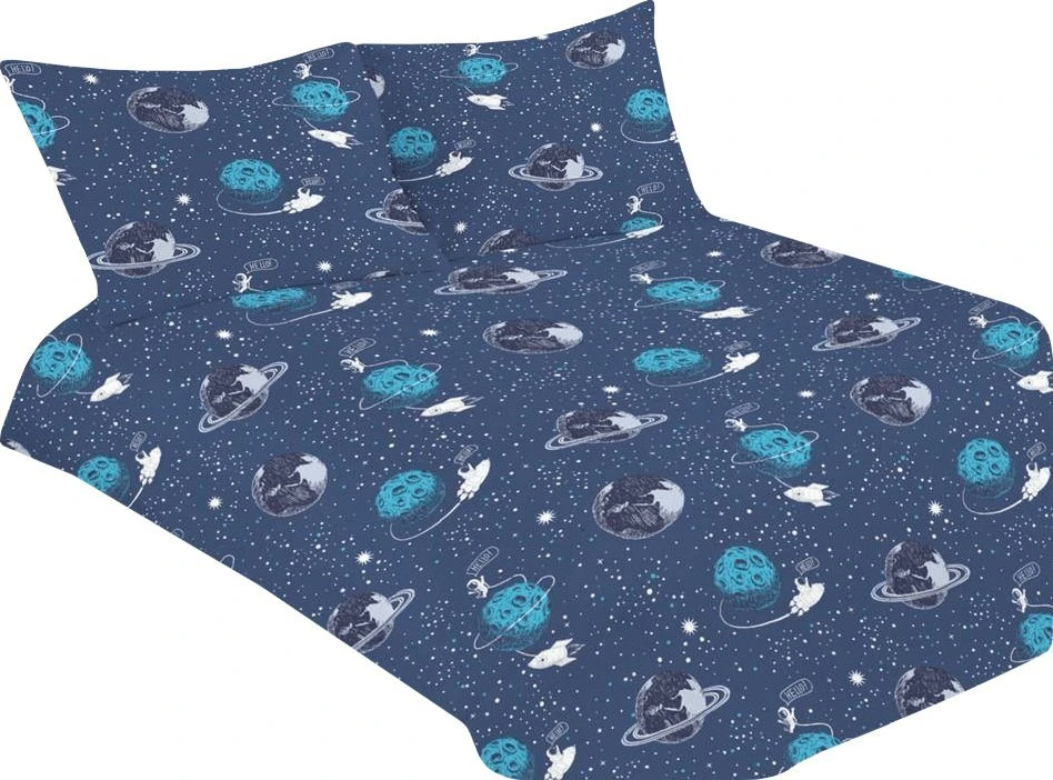 Multitex Satininės patalynės komplektas 140x200 cm, tamsiai mėlynas kosmoso dizainas, su vienu pagalvės užvalkalu, minkšta medvilninė patalynė, patogiam miegui