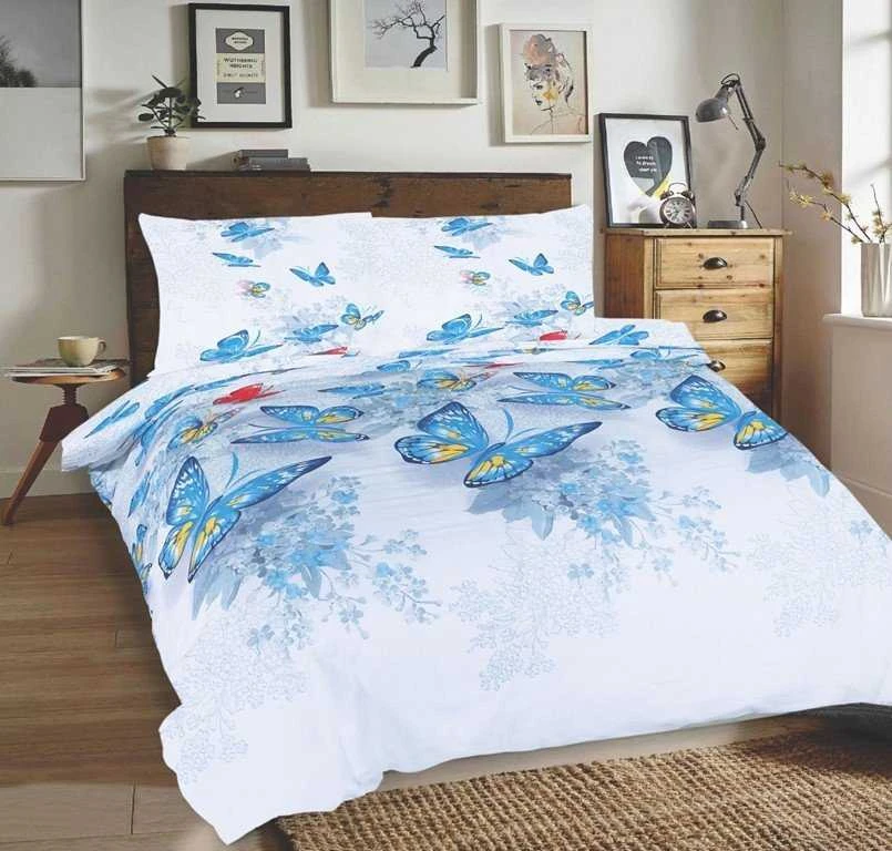 Multitex Medvilninės patalynės komplektas 220x200 cm, drugelių raštas baltos ir mėlynos spalvos, 3 dalių rinkinys su užvalkalais, OEKO-TEX sertifikatas, minkšta patalynė miegamajam