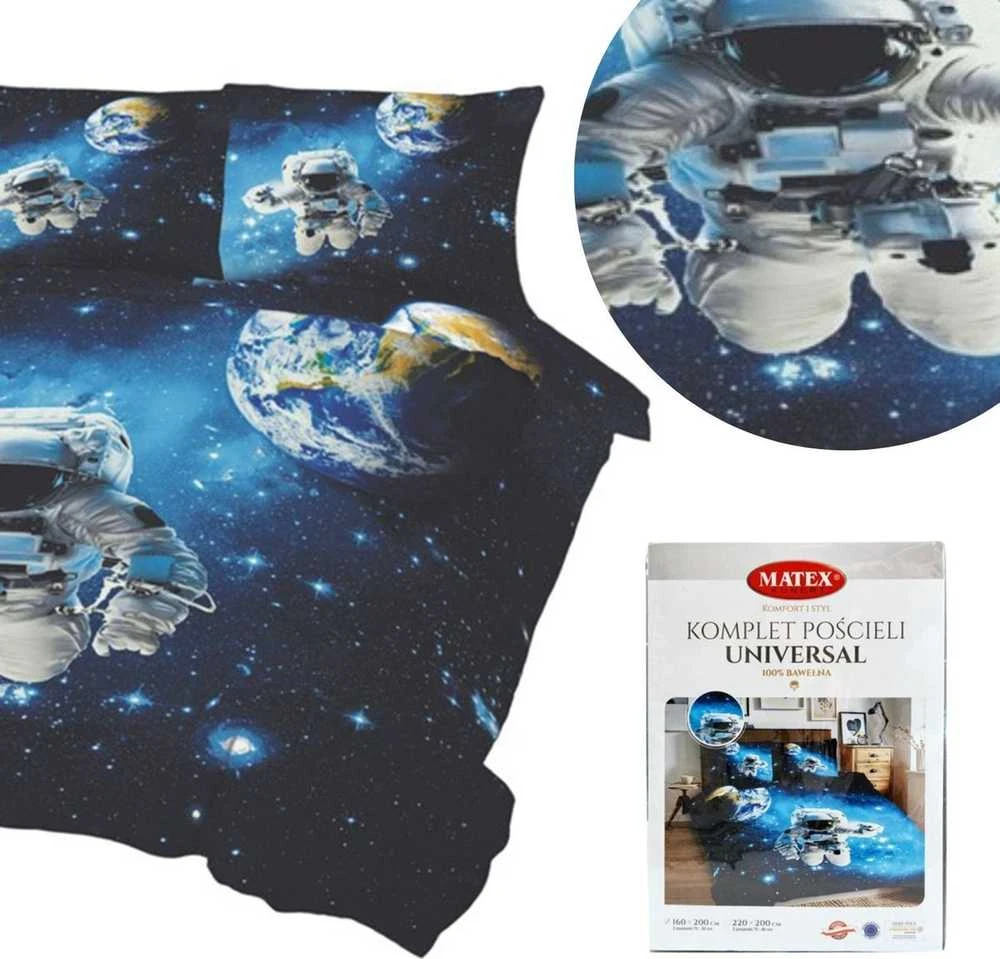 Multitex Medvilninės patalynės komplektas 220x200 cm, kosmoso tematikos juodas ir mėlynas dizainas, universalus dydis, 3 dalių rinkinys su užvalkalais, miegamojo tekstilė