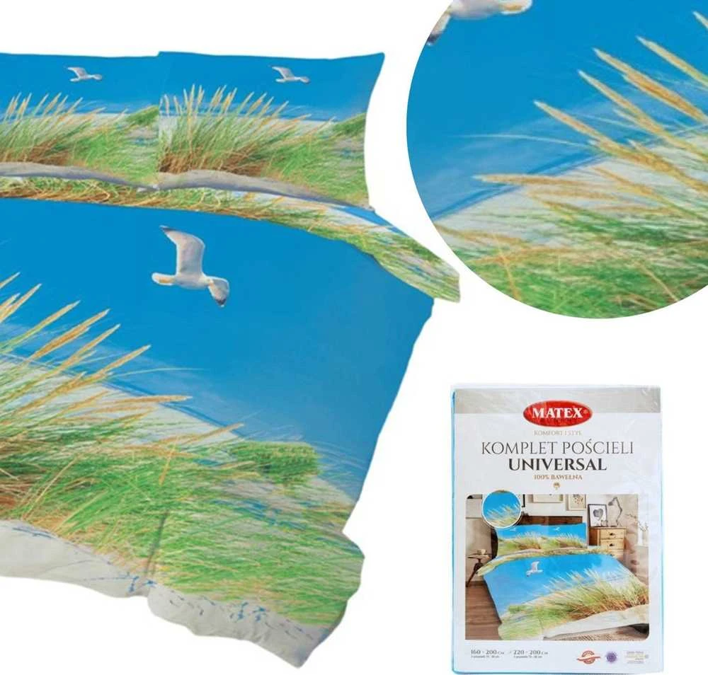 Multitex Medvilninės patalynės komplektas 220x200 cm, paplūdimio žuvėdrų ir žolės melsvai žalias raštas, 3 dalių rinkinys su antklodės ir pagalvių užvalkalais, OEKO-TEX sertifikatas, miegamojo tekstilė