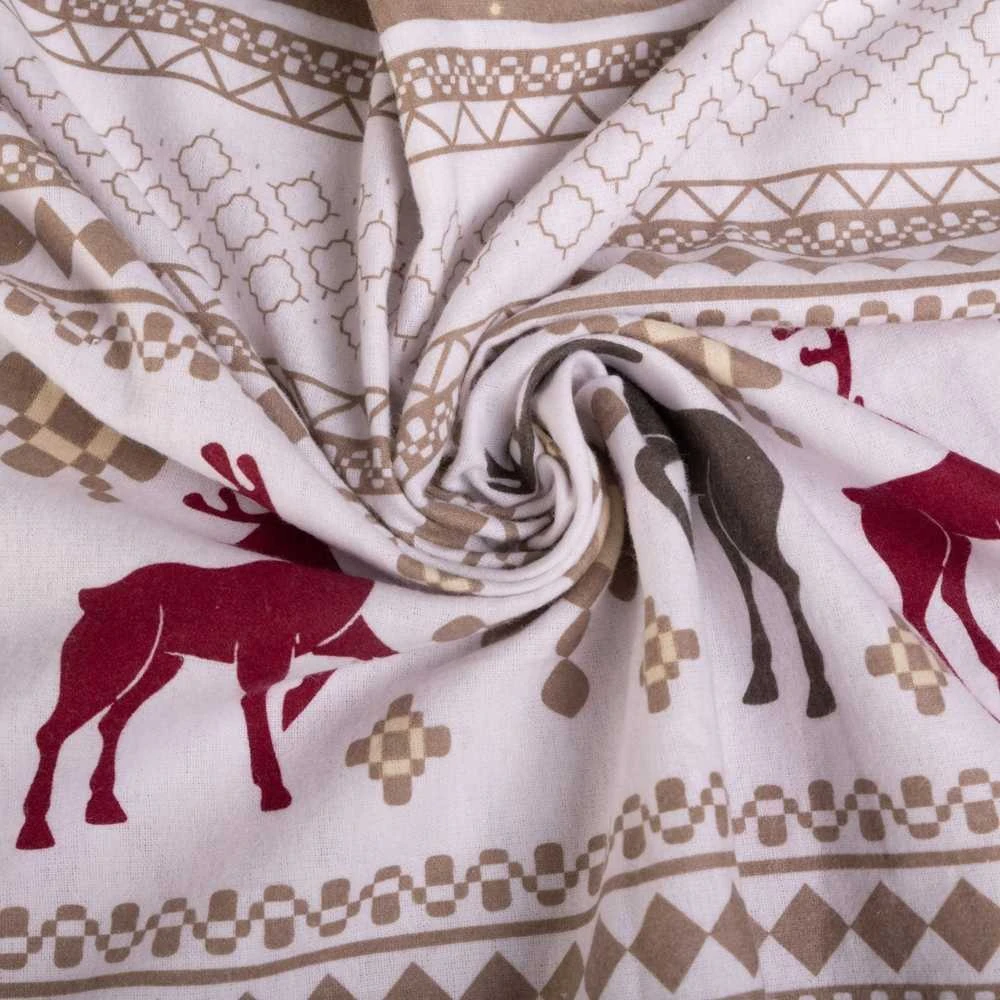Multitex Flanelinės patalynės komplektas 220x200 cm, šiltas ir minkštas medvilninis antklodės užvalkalas su pagalvėmis, šventinis elnių raštas, smėlio ir balta spalva, žieminis komfortas, miegamojo tekstilė