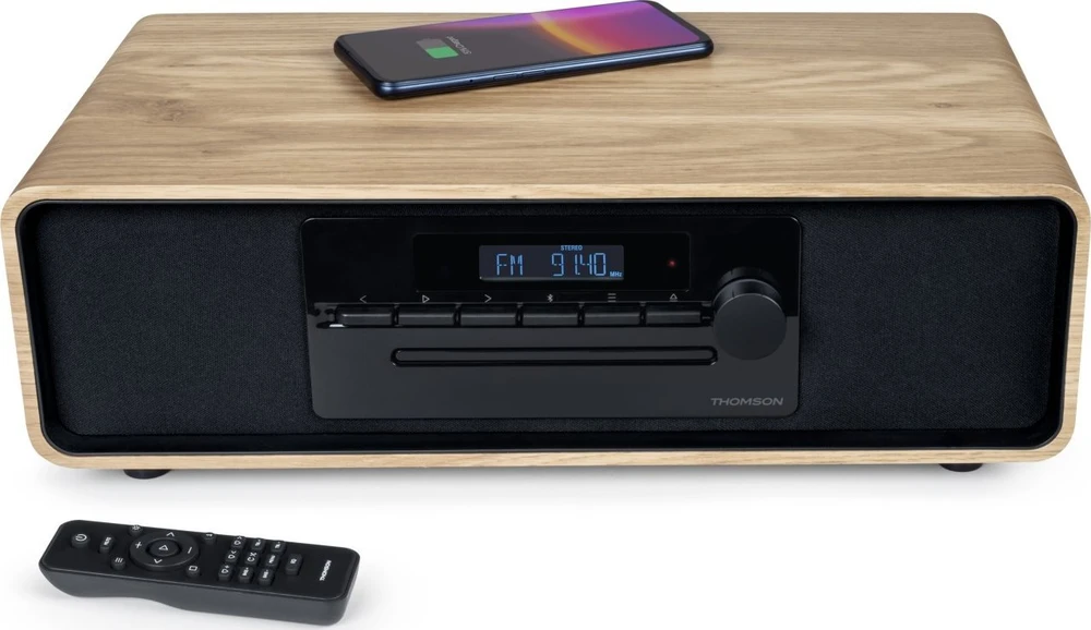 Muzikinis centras Mikro Hi-Fi Sistema - THOMSON MIC123BT Medžio Ir Juodos Spalvos 50 W FM/AM CD USB Bluetooth QI Įkroviklis 4,38 kg 47,2 × 28 × 20 cm