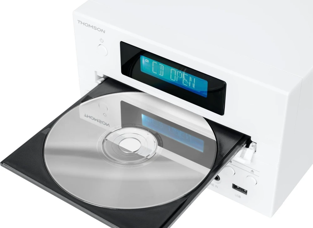 Muzikinis centras Thomson Micro garso sistema BT, radijas FM/CD/MP3/USB, medžio apdaila, balta.