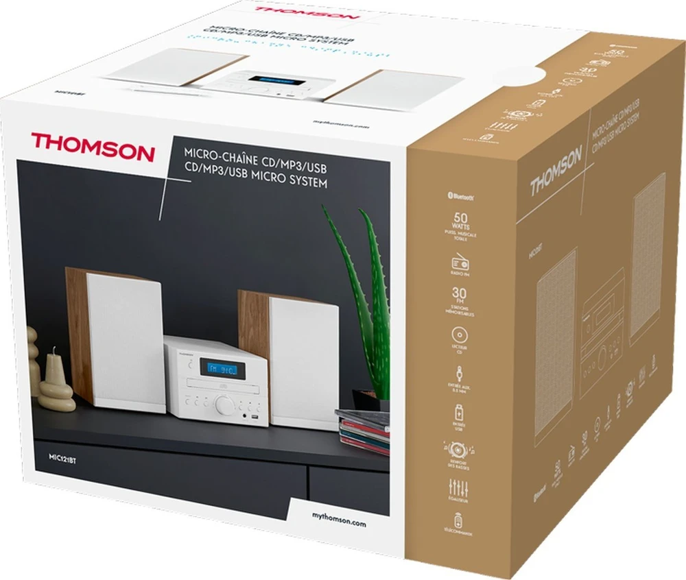 Muzikinis centras Thomson Micro garso sistema BT, radijas FM/CD/MP3/USB, medžio apdaila, balta.