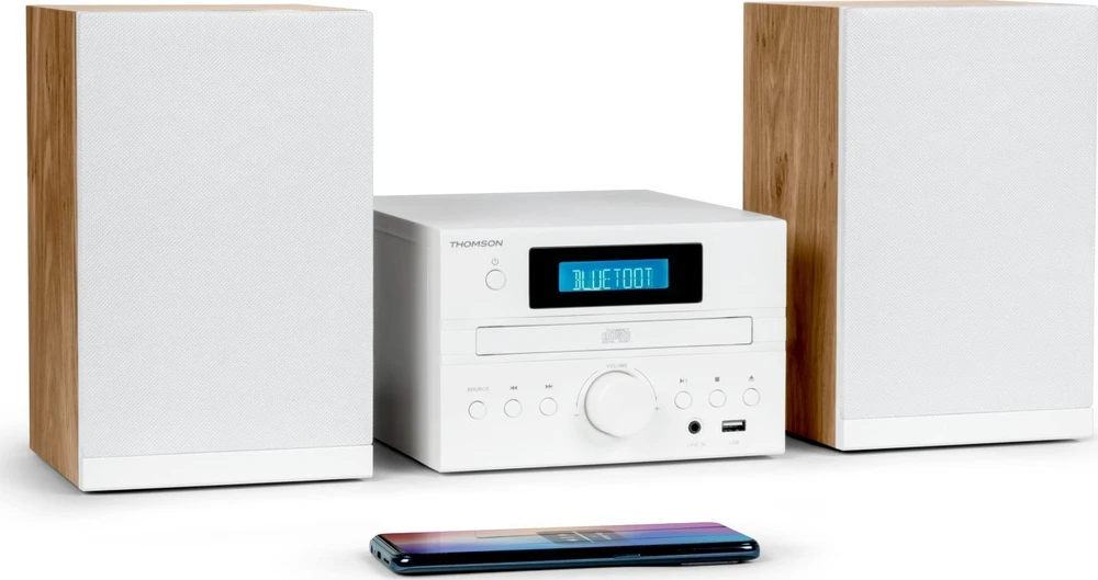 Muzikinis centras Thomson Micro garso sistema BT, radijas FM/CD/MP3/USB, medžio apdaila, balta.