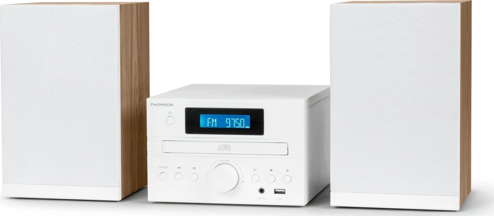 Muzikinis centras Thomson Micro garso sistema BT, radijas FM/CD/MP3/USB, medžio apdaila, balta.