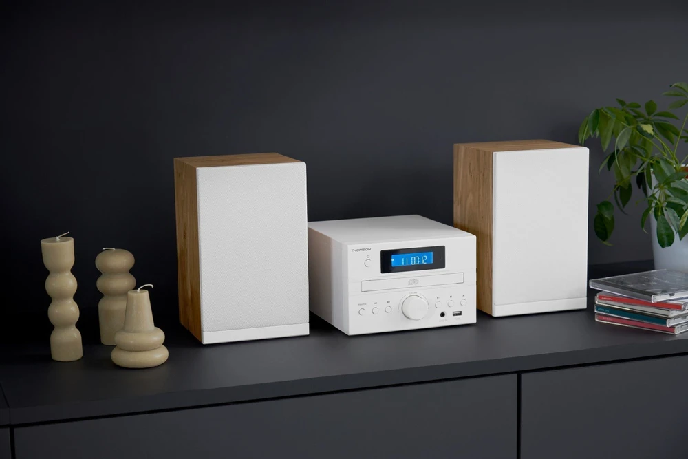 Muzikinis centras Thomson Micro garso sistema BT, radijas FM/CD/MP3/USB, medžio apdaila, balta.