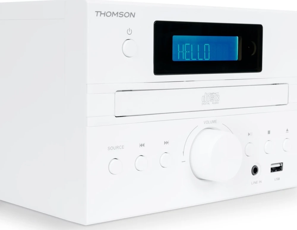 Muzikinis centras Thomson Micro garso sistema BT, radijas FM/CD/MP3/USB, medžio apdaila, balta.