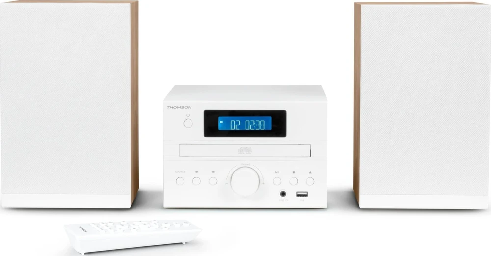 Muzikinis centras Thomson Micro garso sistema BT, radijas FM/CD/MP3/USB, medžio apdaila, balta.