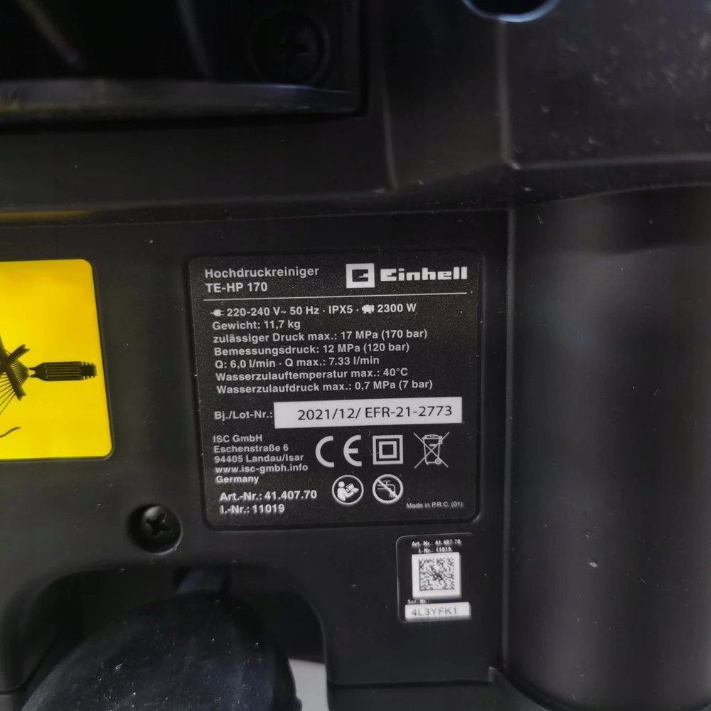 Aukšto slėgio plovykla Einhell TE-HP 170; 2300 W; 170 bar