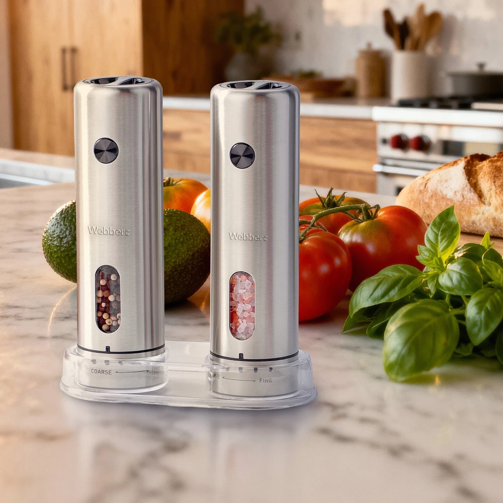 Prieskonių malūnėlis Webber MŁYNEK DO PIEPRZU I SOLI ELEKTRYCZNY AKUMULATOROWY USB 2 SZT INOX WEBBER