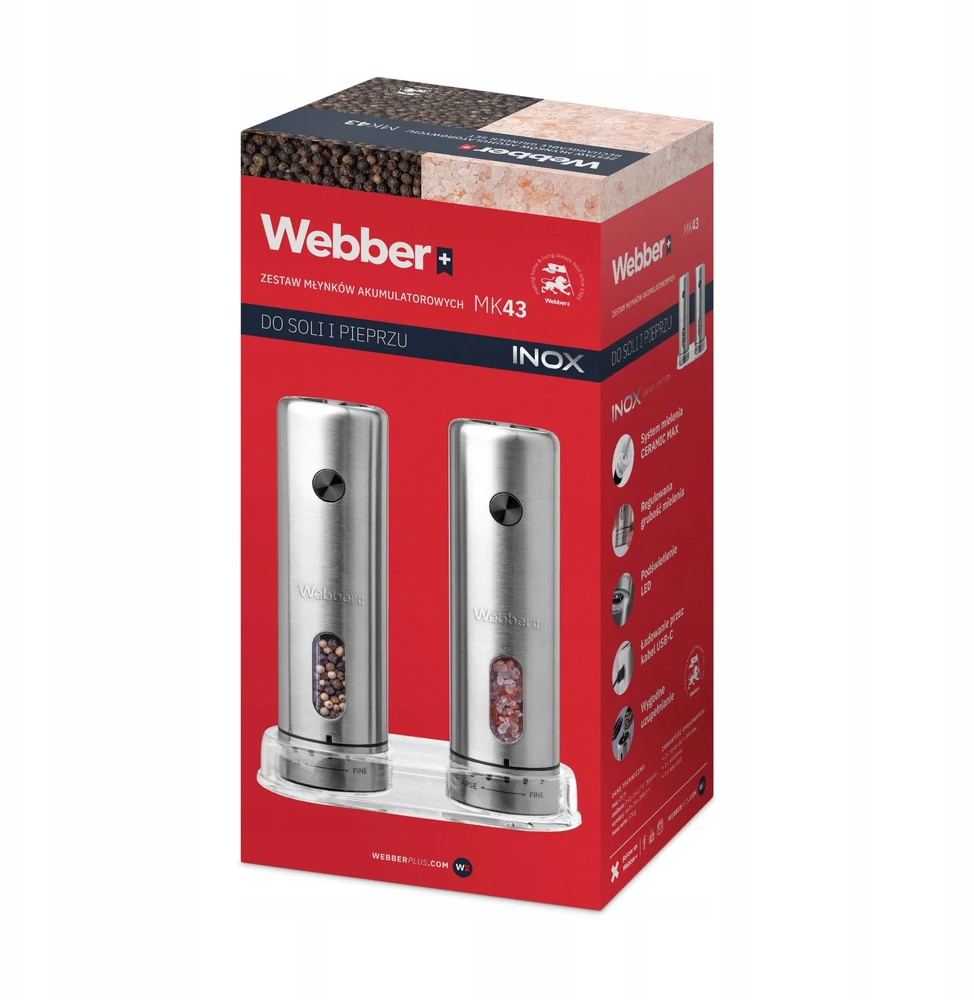 Prieskonių malūnėlis Webber MŁYNEK DO PIEPRZU I SOLI ELEKTRYCZNY AKUMULATOROWY USB 2 SZT INOX WEBBER