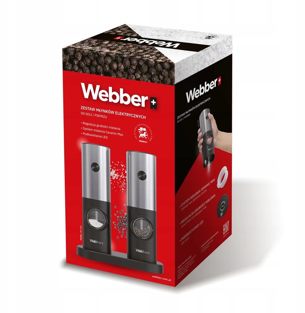 Prieskonių malūnėlis Webber MŁYNEK DO PIEPRZU I SOLI ELEKTRYCZNY na BATERIE MŁYNEK DO SOLI 2 SZT WEBBER