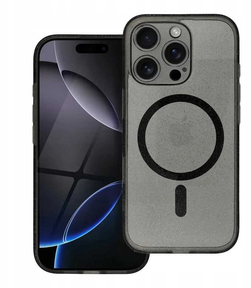MyScreen Originalus „iPhone 15“ skaidrus „Mag“ dėklas – blizgučiai (STR / APSAUGA NUO FOTOAPAROS), suderinamas su „MagSafe“ su juodu blizgučiais.