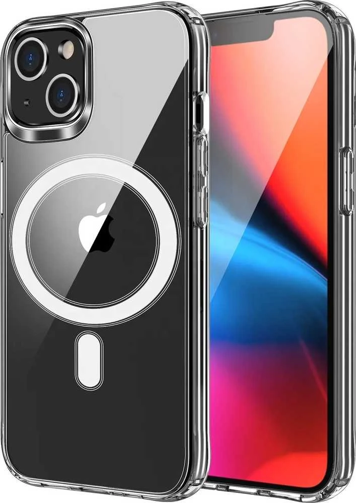 MyScreen Originalus „iPhone 15 PLUS“ dėklas su skaidriu „Mag“ dangteliu (STR / APSAUGA NUO FOTOAPAROS), suderinamas su „MagSafe“ permatomu dangteliu.