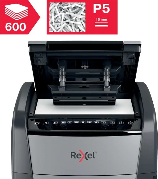 Rexel AutoFeed+ 600M Dokumentų naikiklis Micro cut shredding 2x15mm P-5 110L, 55 dB, Pilka/Juoda