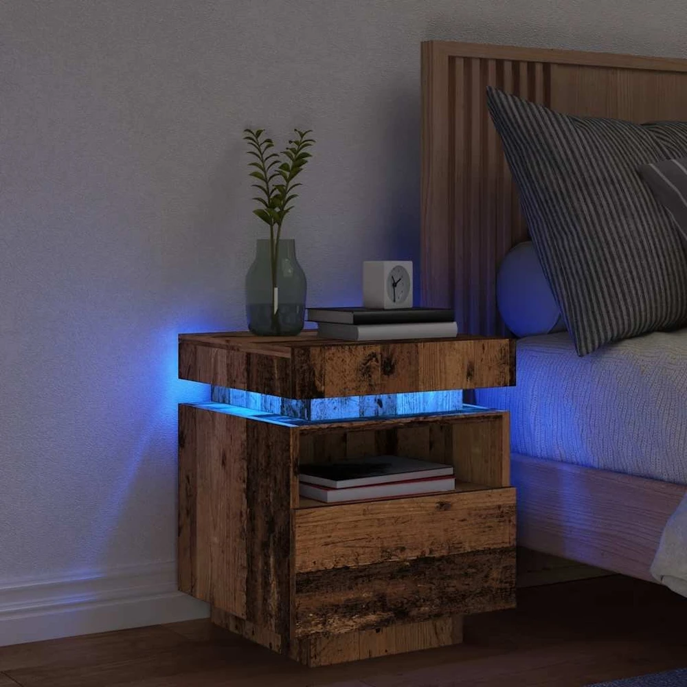 naktinė spintelė su LED lemputėmis, sena mediena 40x39x48,5 cm