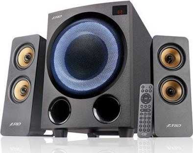 Kompiuterio kolonėlės Fenda F&D F770X 2.1 daugialypės terpės garsiakalbiai, 76 W RMS, 4x2,5 colių palydovai + 5,25 colių žemųjų dažnių garsiakalbis, BT 5.0 / optinis / AUX / USB / FM / kelių spalvų LED / LED Ekranas / nuotolinio valdymo pultas / medinis / Juodas