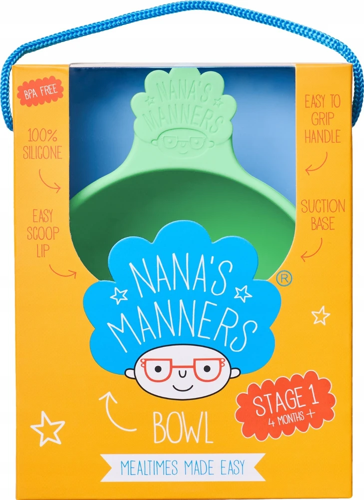 Nana's Manners Nana's Manners, 1 ŽINGSNIS, silikoninis dubuo su siurbimo taurele ir rankena, žalia
