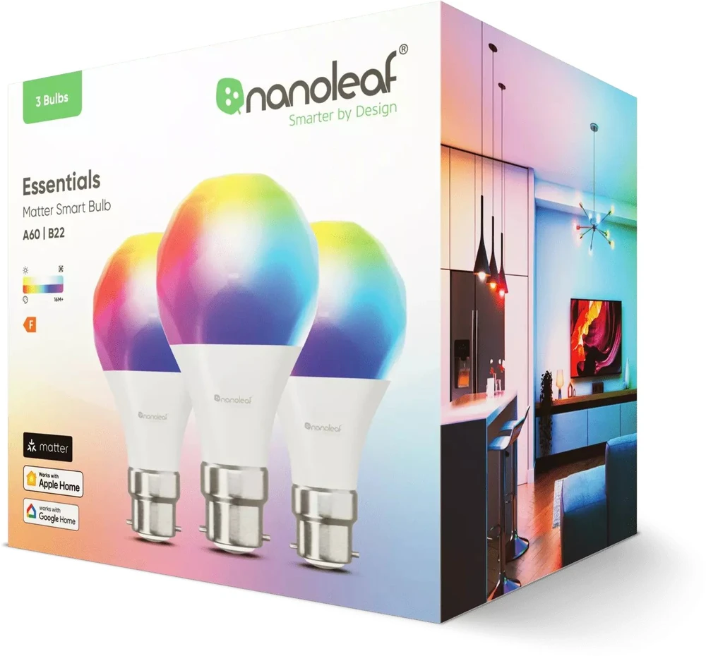 Nanoleaf Essentials Smart A60 lemputė B22 Matter 9W 806Lm RGBCW 2700-6500K, 3vnt pakuotė | Nanolapis | Nanoleaf Essentials Smart A60 lemputė B22 Matter 9W 806Lm RGBCW 2700-6500K, 3vnt pakuotė | B22 | 8,5 W | RGBCW | Bluetooth, siūlai