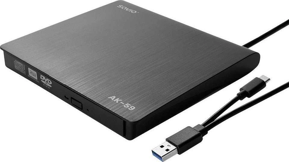 Išorinis CD/DVD Rašytuvas - Savio AK-59 Slim R/RW - USB-C/USB-A, Juodas